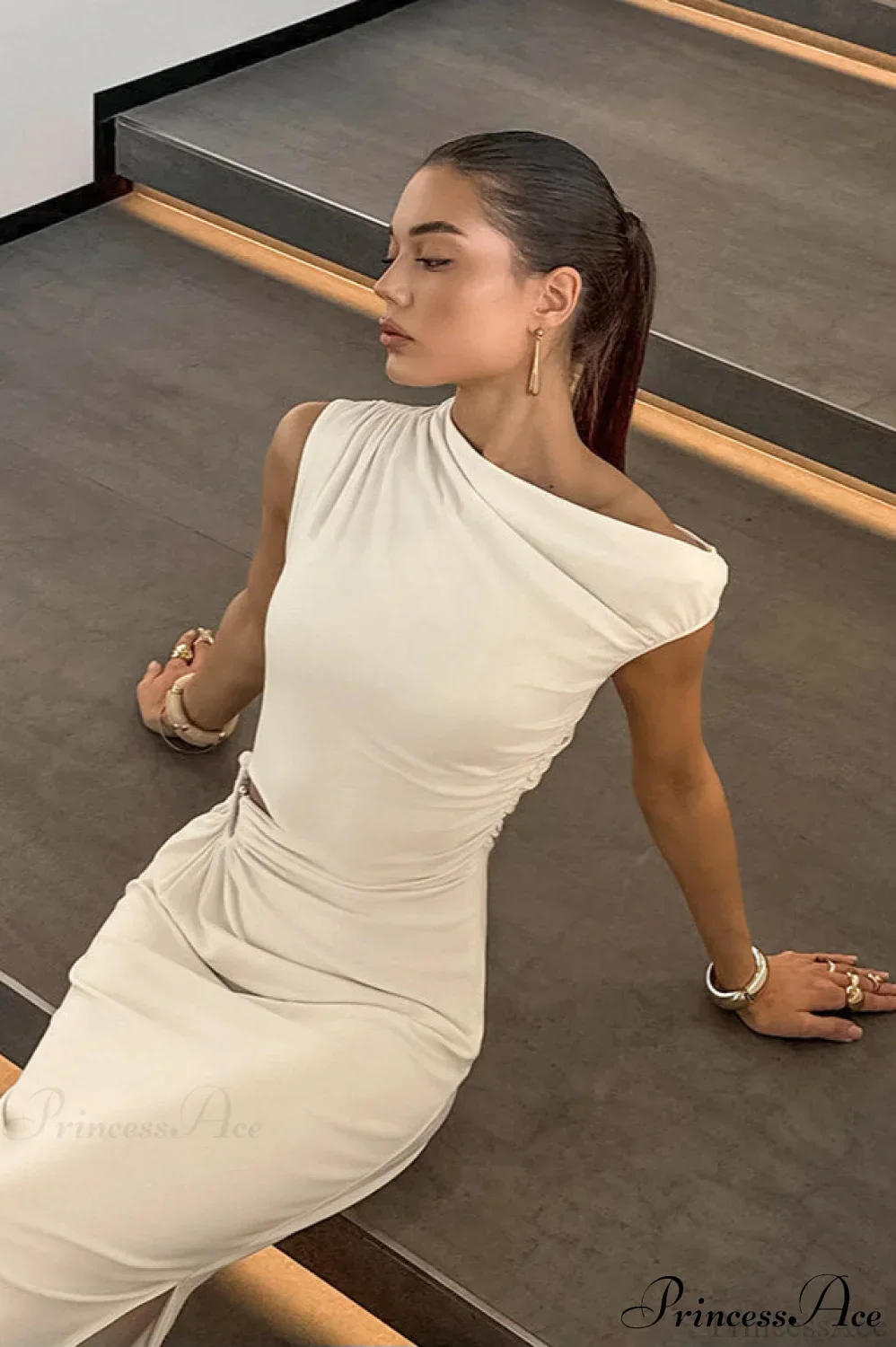 Off Shoulder Beige Ruched Bodycon Elegant Maxi Dress - Image 4