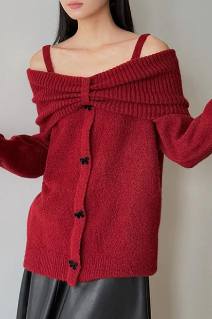 Off-Shoulder Bow Button Long Sleeve Wool Knitted Sweater - Image 2