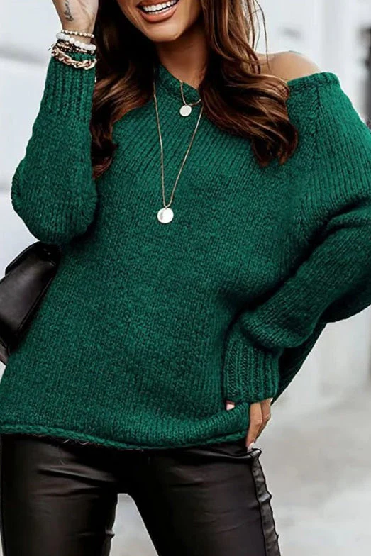Off-Shoulder Crew-Neck Loose Knit Sweater - Image 4