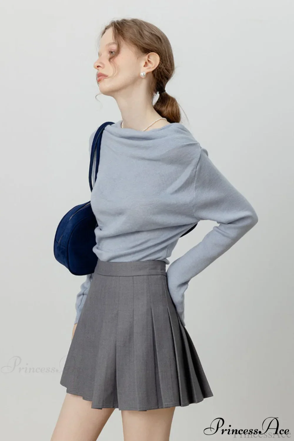 Off-Shoulder Draped Collar Waist-Cinched Knit Top - Image 10