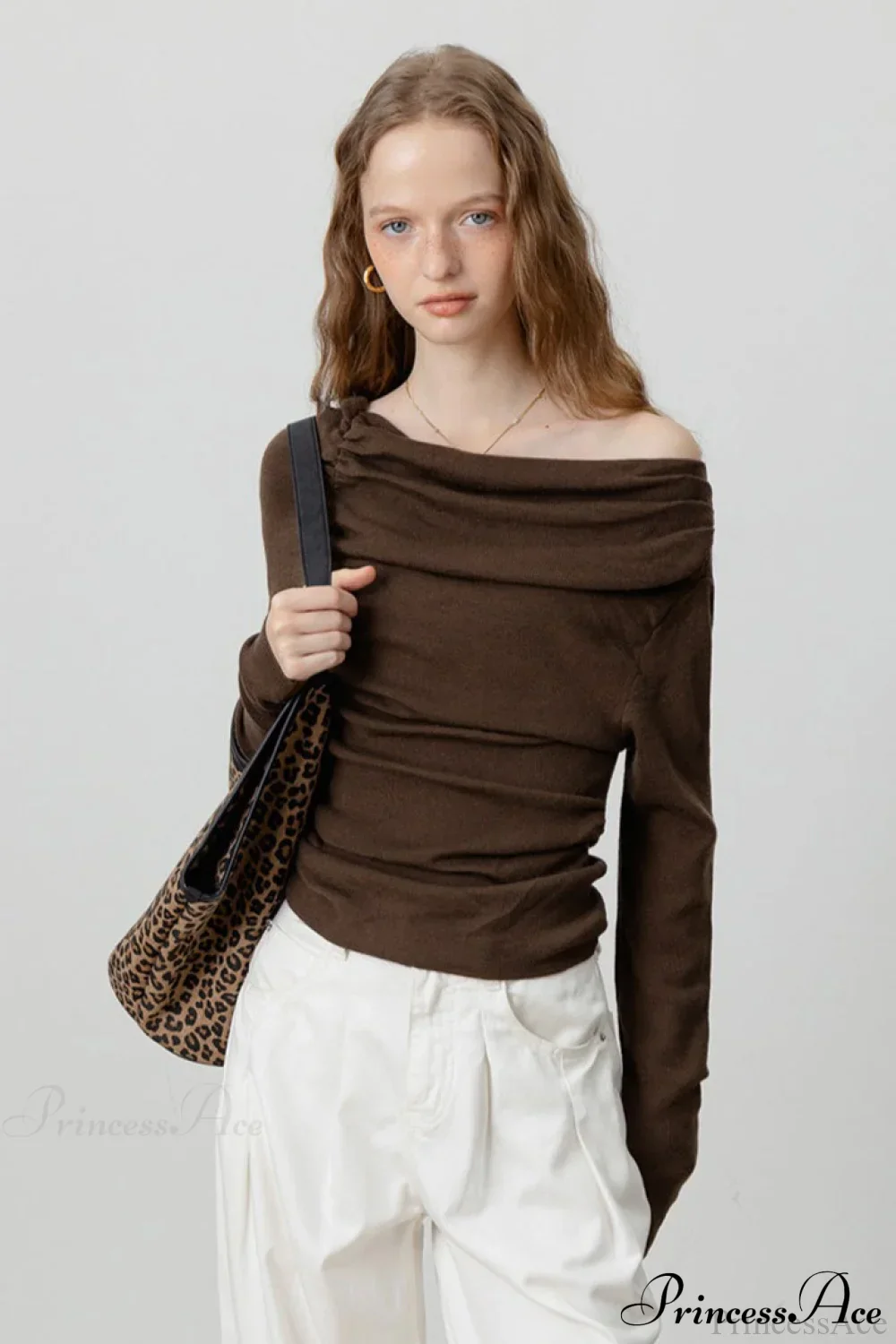Off-Shoulder Draped Collar Waist-Cinched Knit Top - Image 11