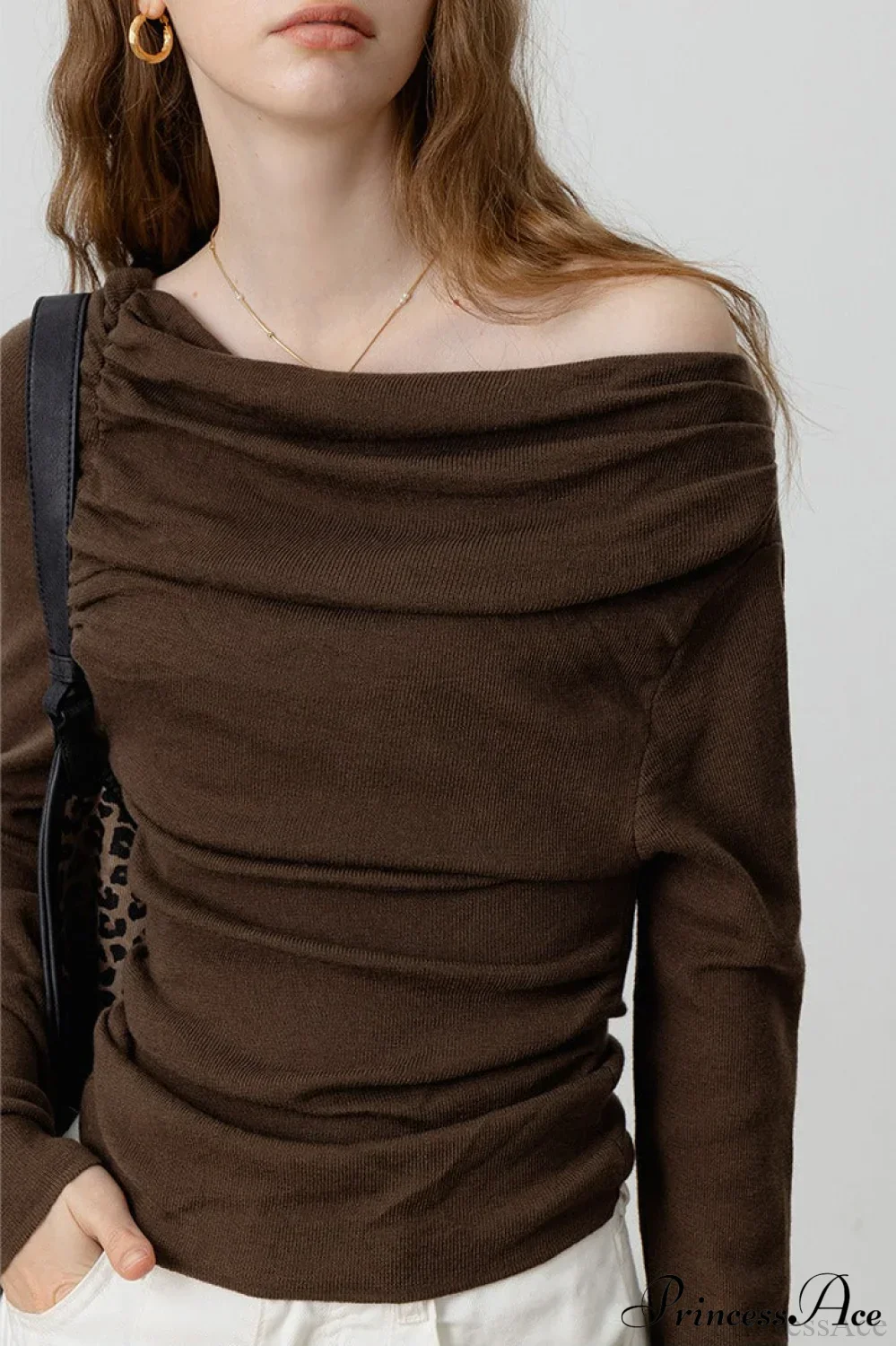 Off-Shoulder Draped Collar Waist-Cinched Knit Top - Image 12