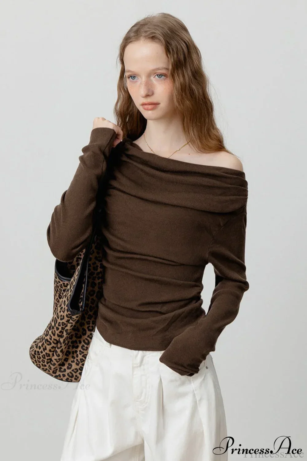 Off-Shoulder Draped Collar Waist-Cinched Knit Top - Image 13