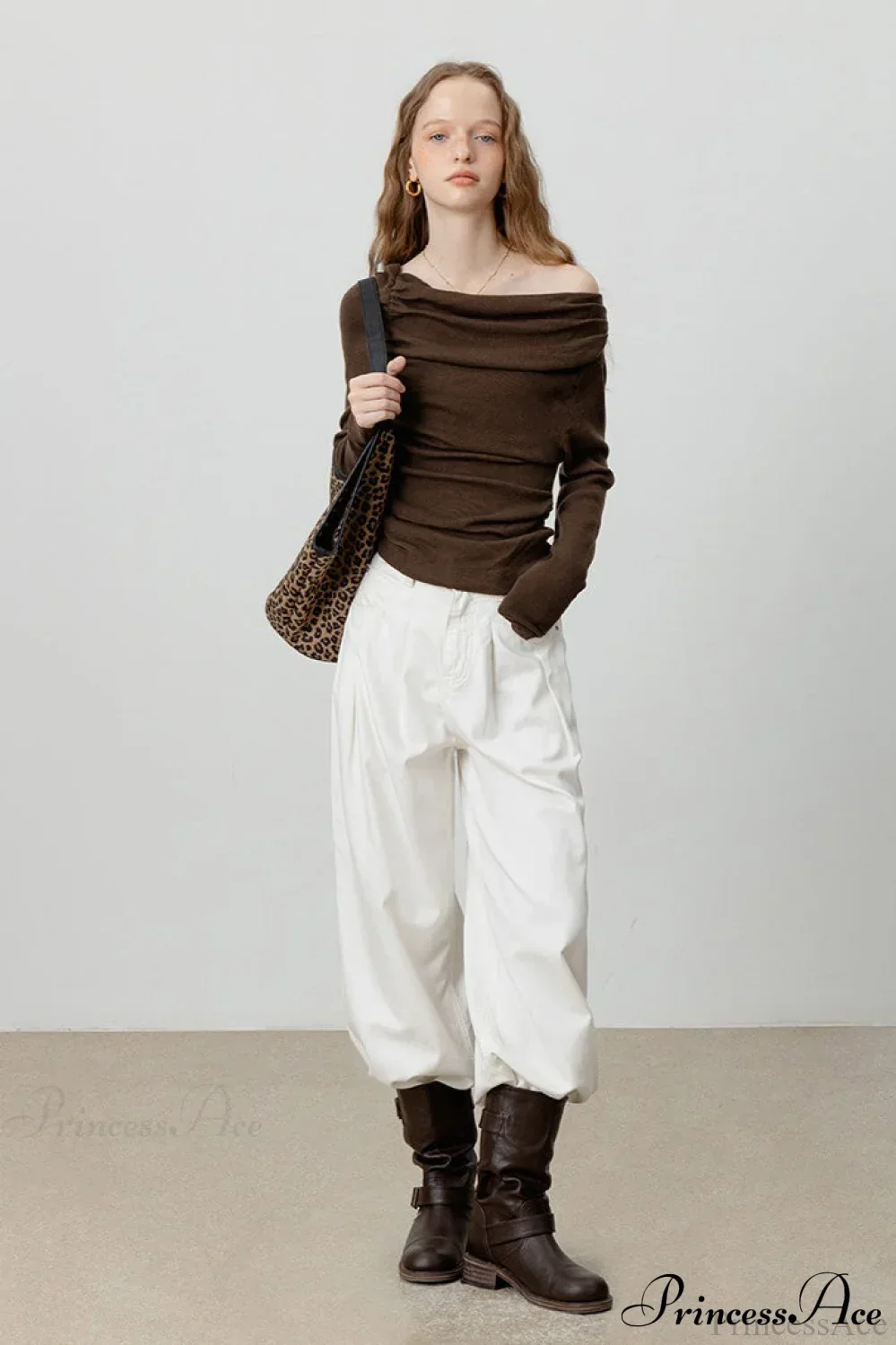Off-Shoulder Draped Collar Waist-Cinched Knit Top - Image 14