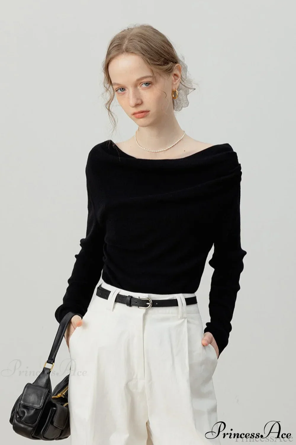 Off-Shoulder Draped Collar Waist-Cinched Knit Top - Image 15