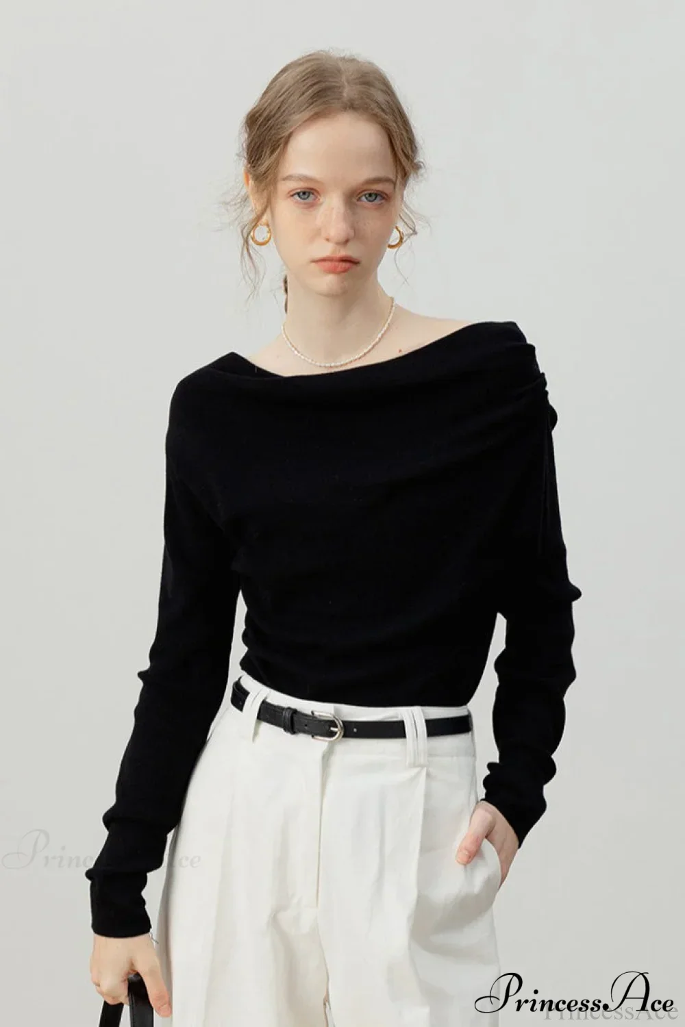 Off-Shoulder Draped Collar Waist-Cinched Knit Top - Image 16