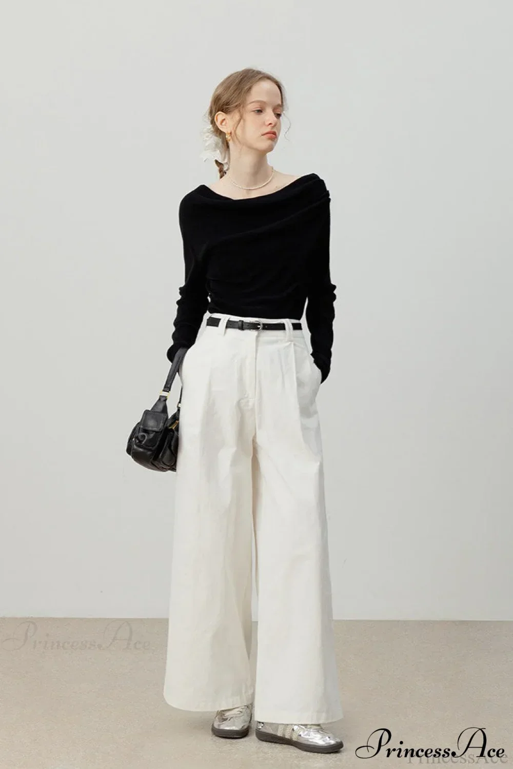 Off-Shoulder Draped Collar Waist-Cinched Knit Top - Image 17