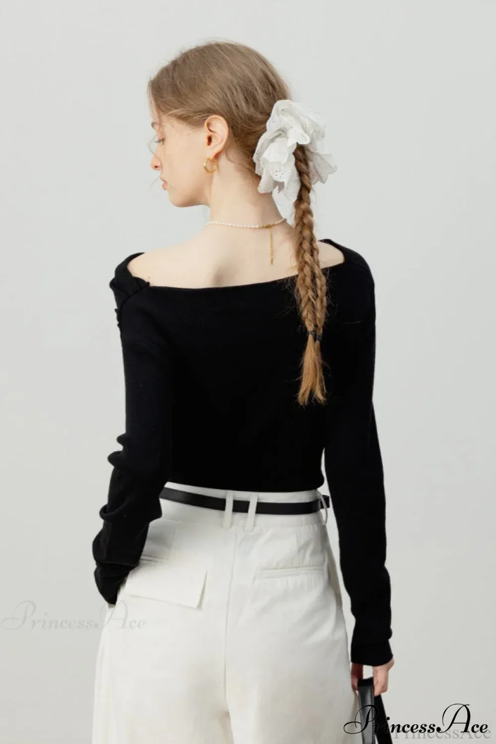 Off-Shoulder Draped Collar Waist-Cinched Knit Top - Image 18