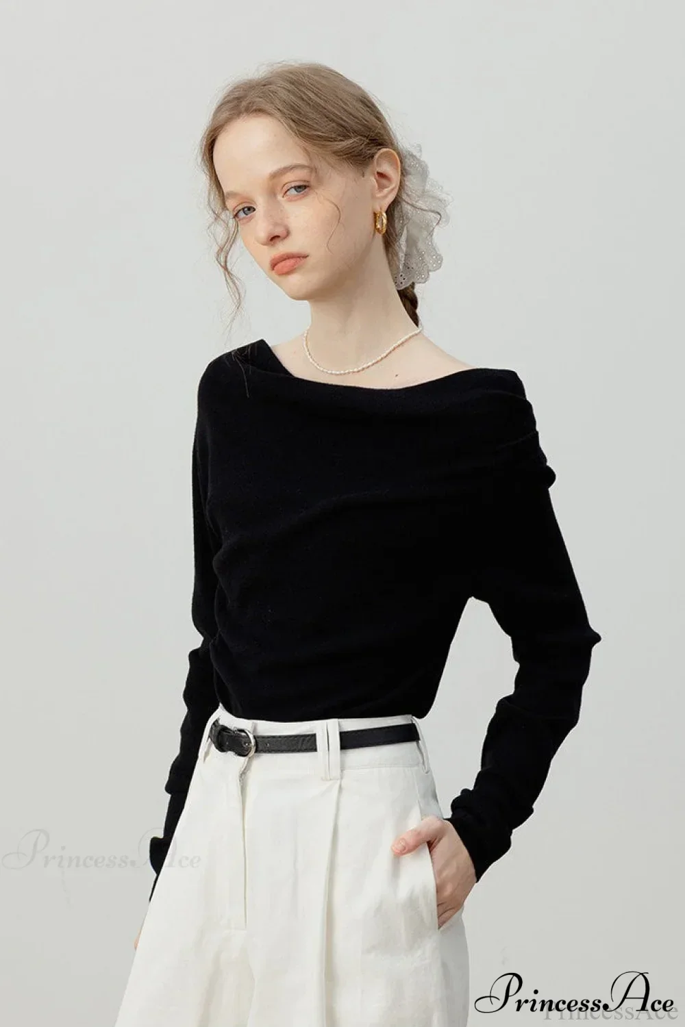 Off-Shoulder Draped Collar Waist-Cinched Knit Top - Image 19