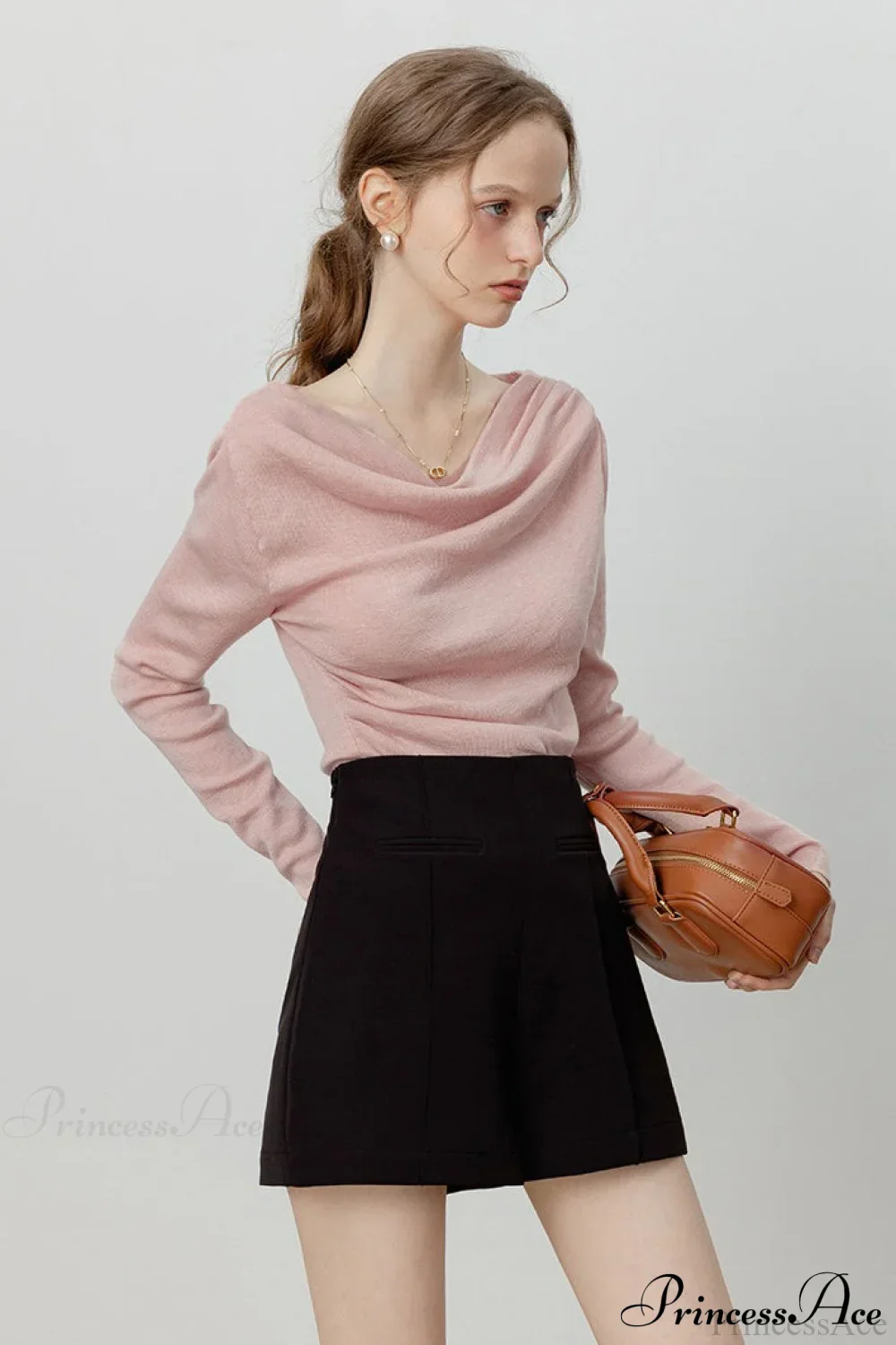 Off-Shoulder Draped Collar Waist-Cinched Knit Top - Image 2