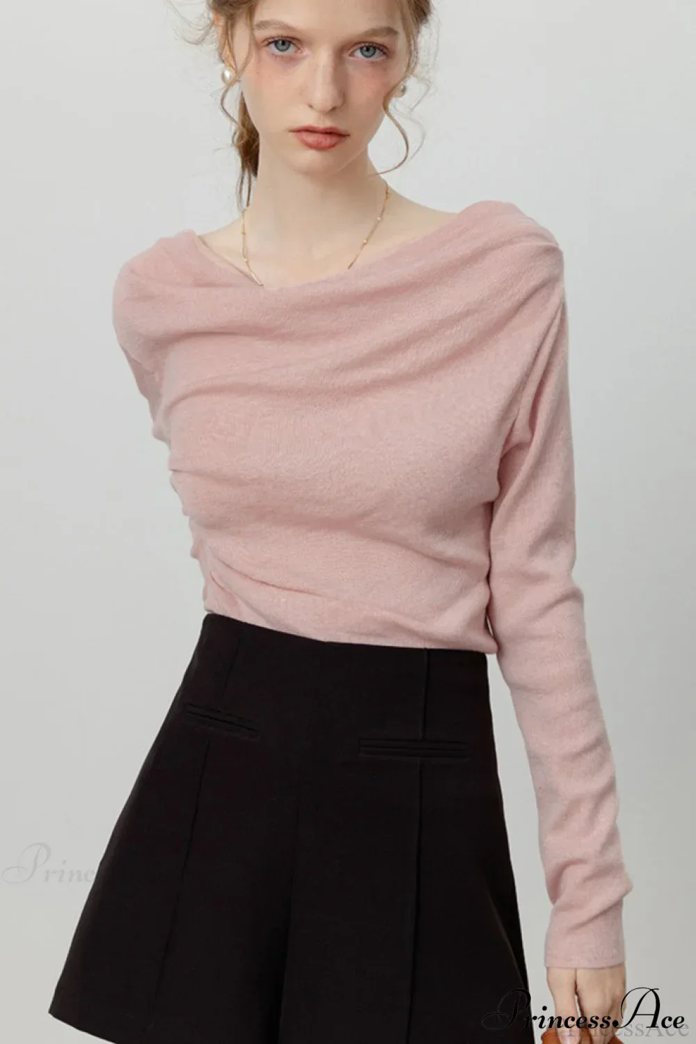 Off-Shoulder Draped Collar Waist-Cinched Knit Top - Image 3