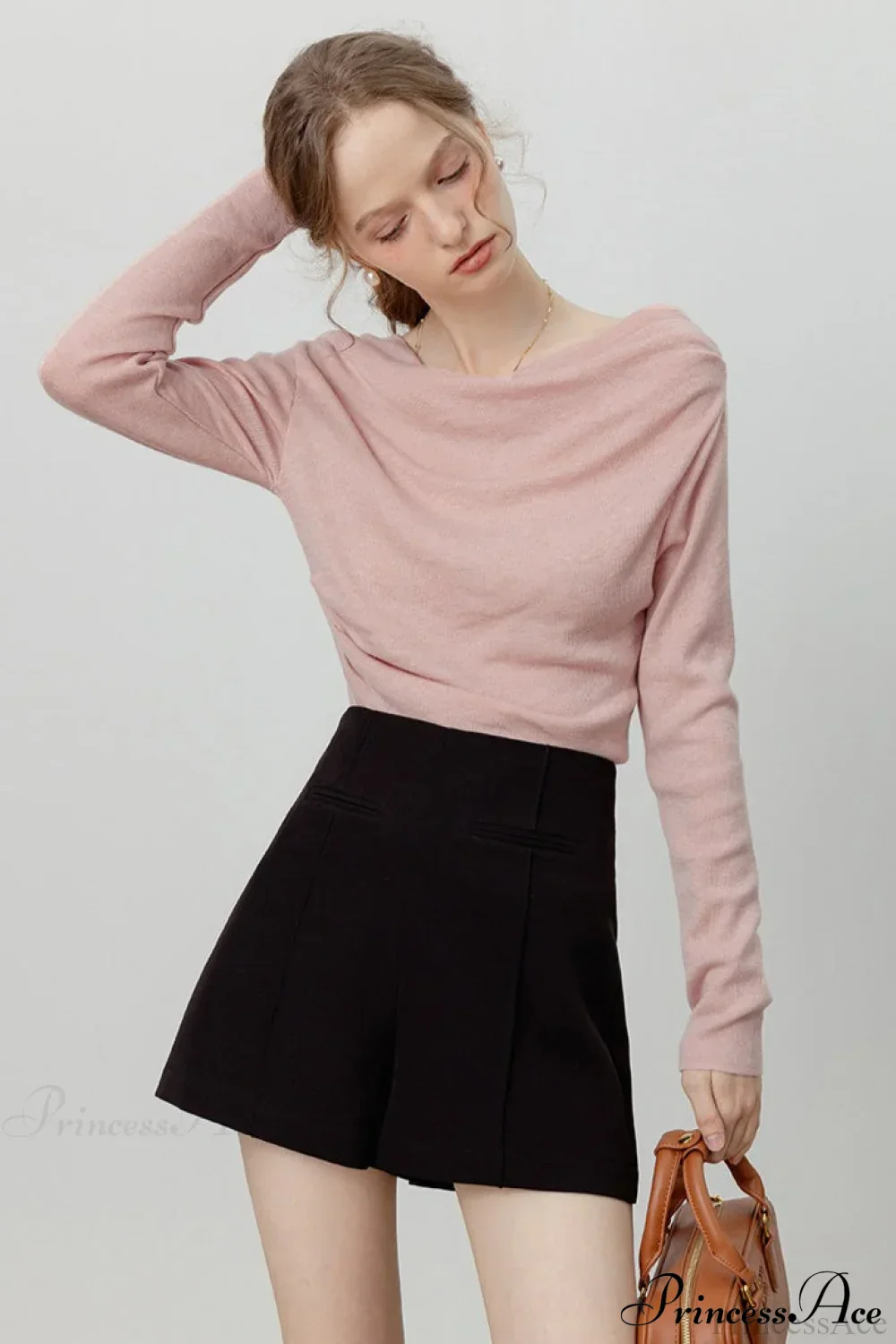 Off-Shoulder Draped Collar Waist-Cinched Knit Top - Image 4