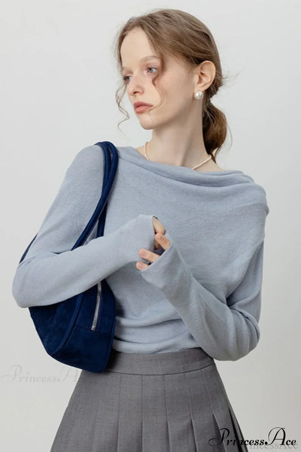 Off-Shoulder Draped Collar Waist-Cinched Knit Top - Image 6