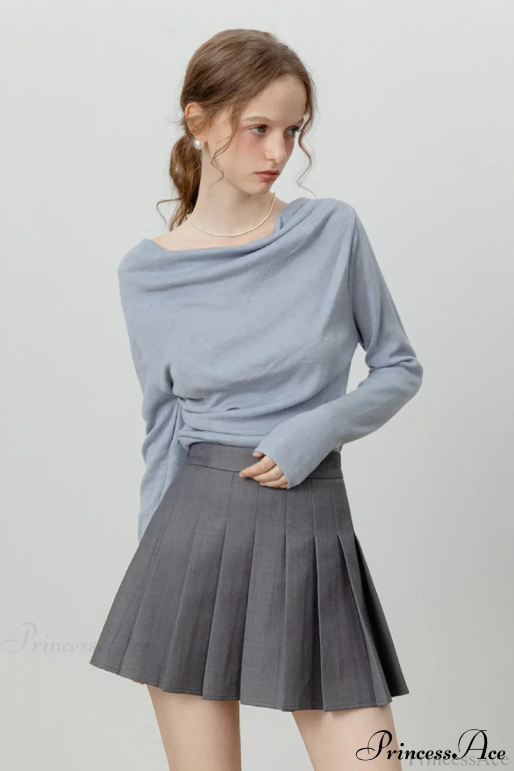 Off-Shoulder Draped Collar Waist-Cinched Knit Top - Image 8