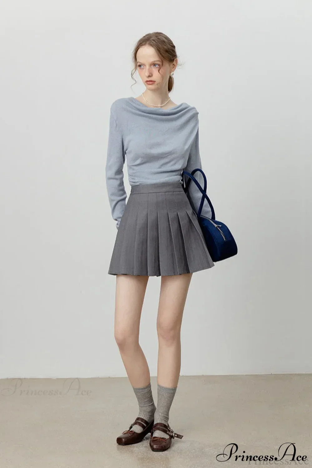 Off-Shoulder Draped Collar Waist-Cinched Knit Top - Image 9