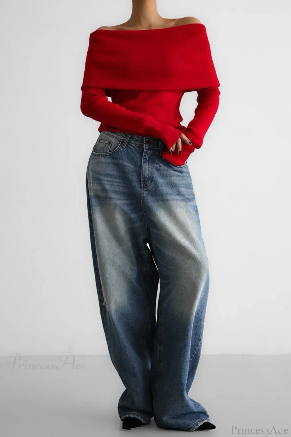 Off-Shoulder Fitted Long-Sleeve Knit Top - Image 3