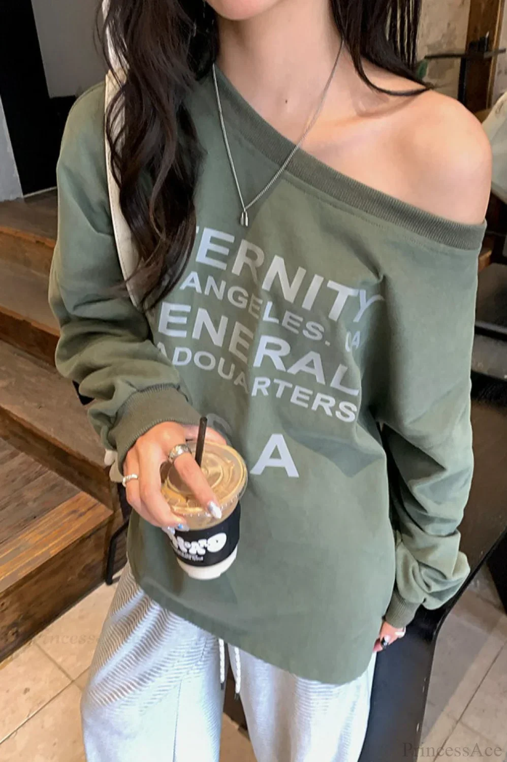 Off-Shoulder Graphic Letter Relaxed Sweatshirt - Image 2
