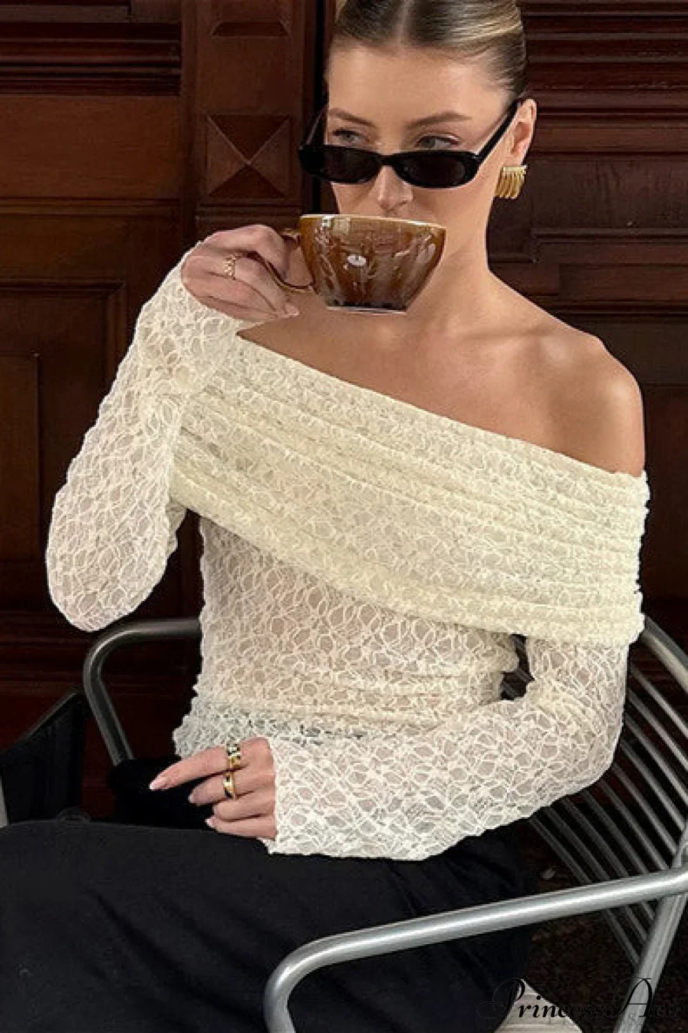 Off Shoulder Jacquard Knit Slim Long Sleeve Tee - Image 2