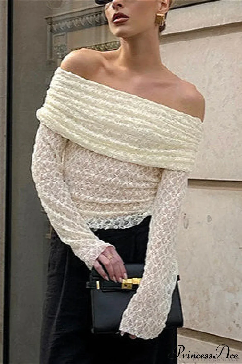 Off Shoulder Jacquard Knit Slim Long Sleeve Tee - Image 4
