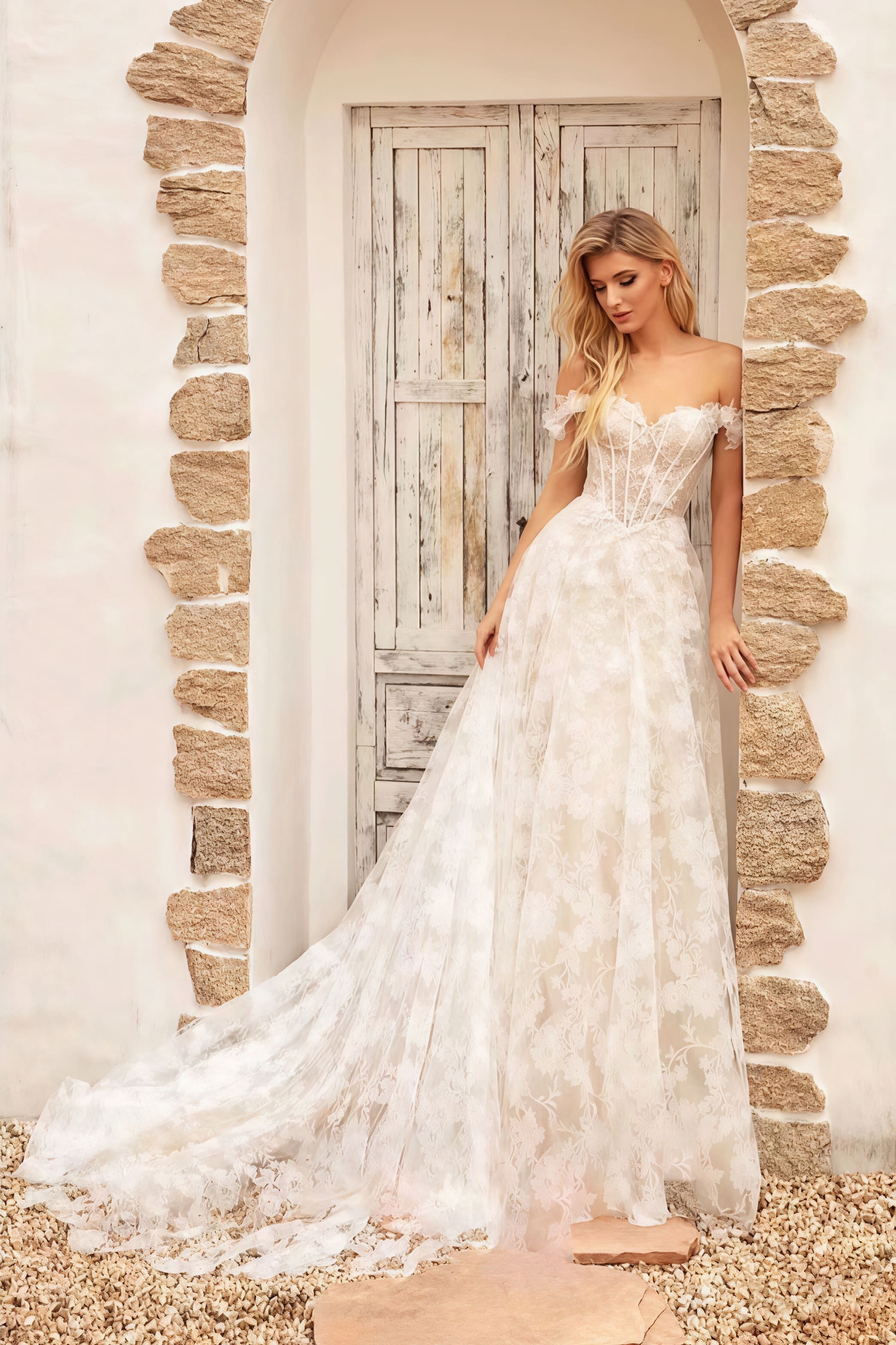 Off Shoulder Lace Applique Boned Wedding Dress - Image 3