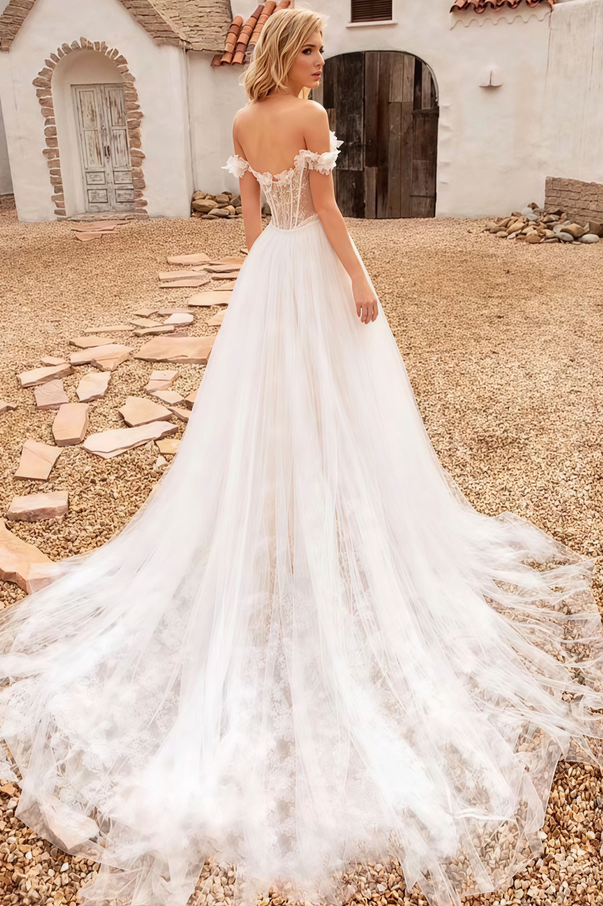 Off Shoulder Lace Applique Boned Wedding Dress - Image 5