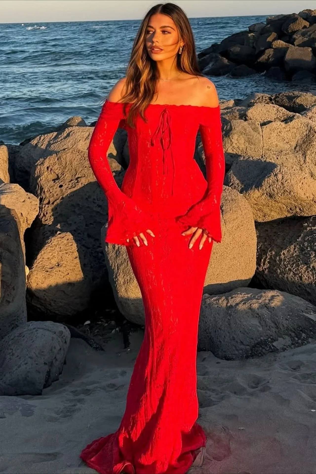 Off Shoulder Lace Flare Sleeve Fitted Train Elegant Maxi Dress - Image 10