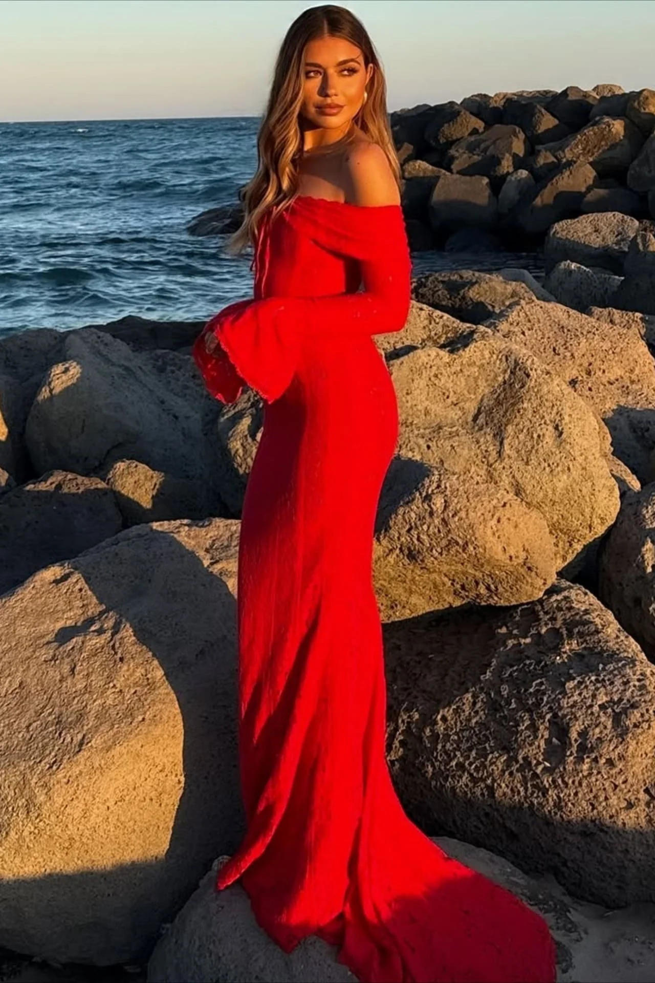 Off Shoulder Lace Flare Sleeve Fitted Train Elegant Maxi Dress - Image 11