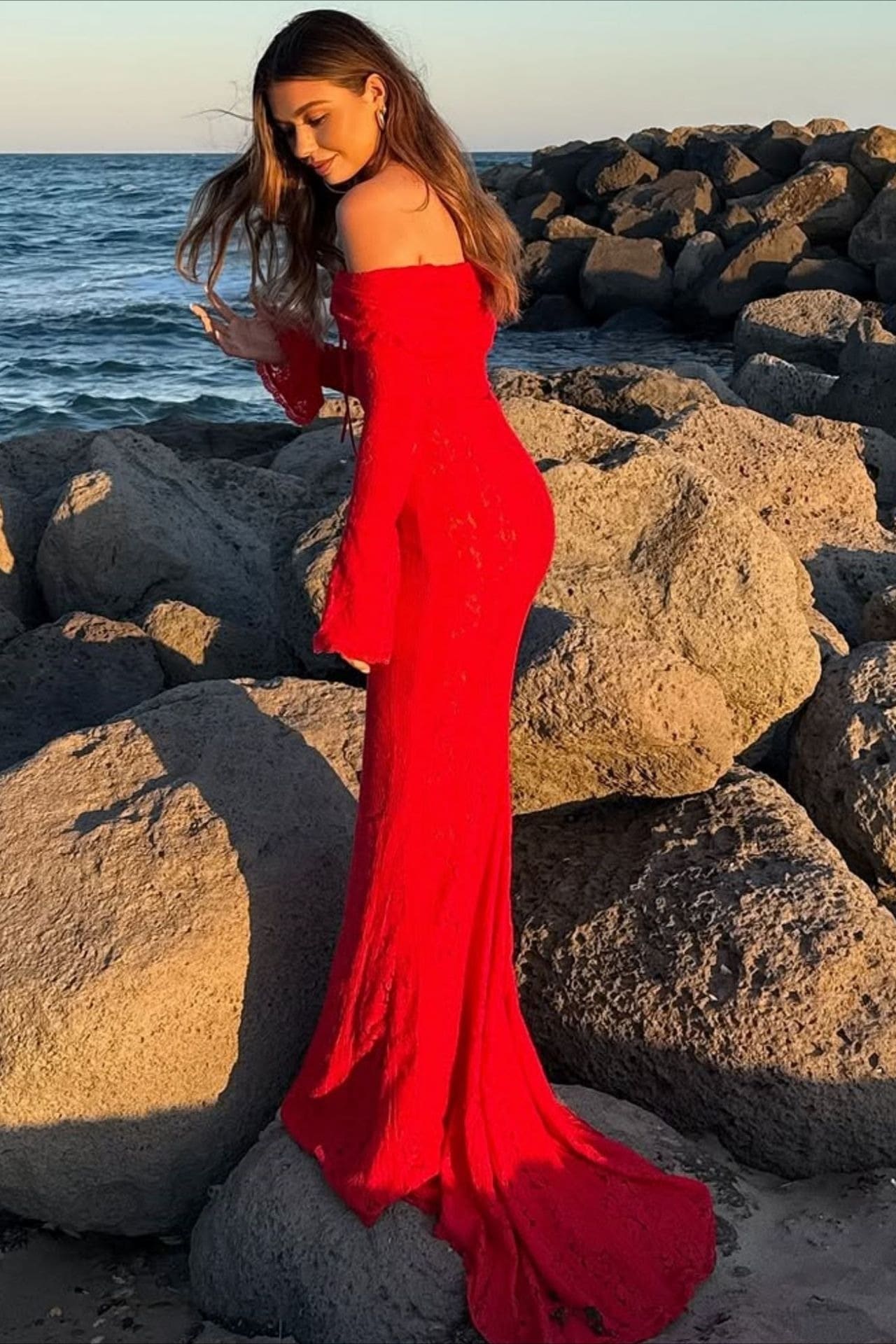 Off Shoulder Lace Flare Sleeve Fitted Train Elegant Maxi Dress - Image 12