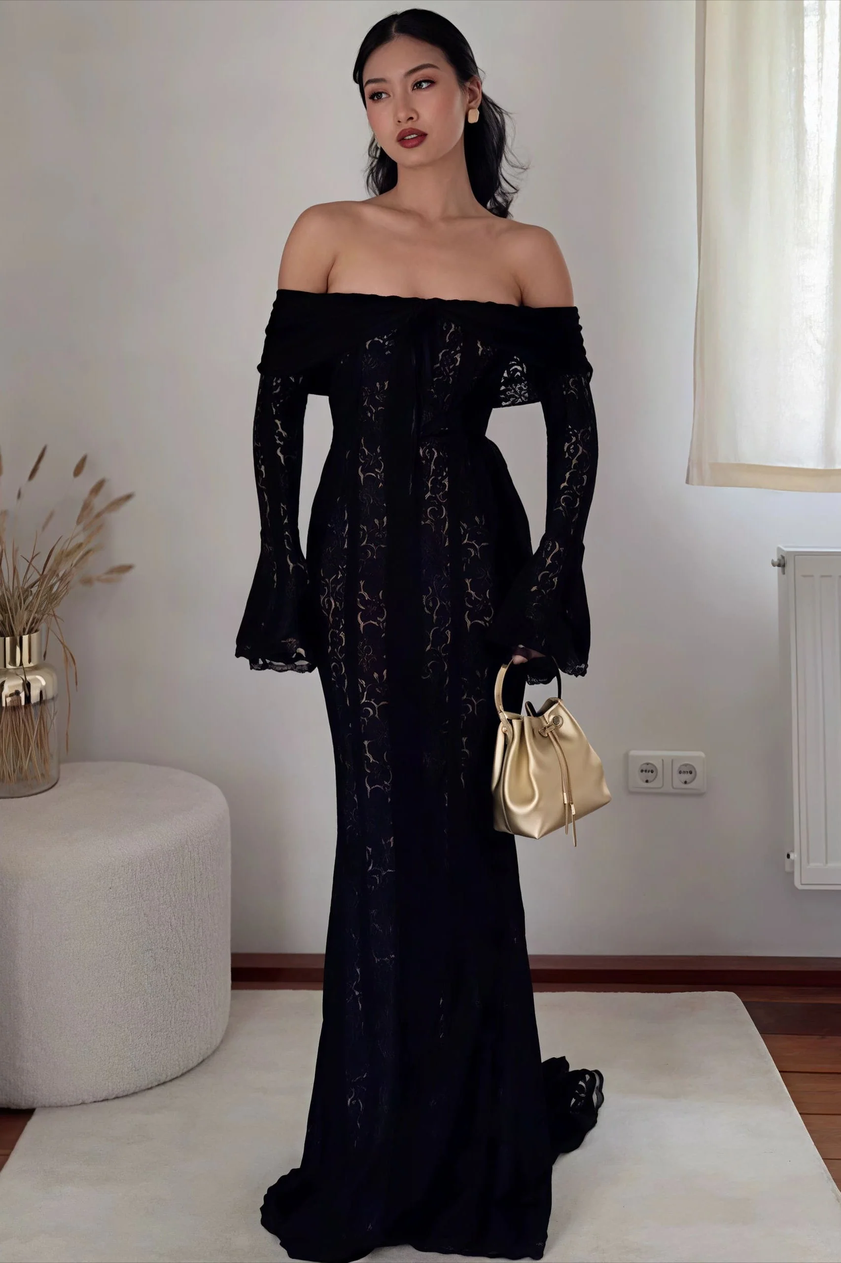 Off Shoulder Lace Flare Sleeve Fitted Train Elegant Maxi Dress - Image 13