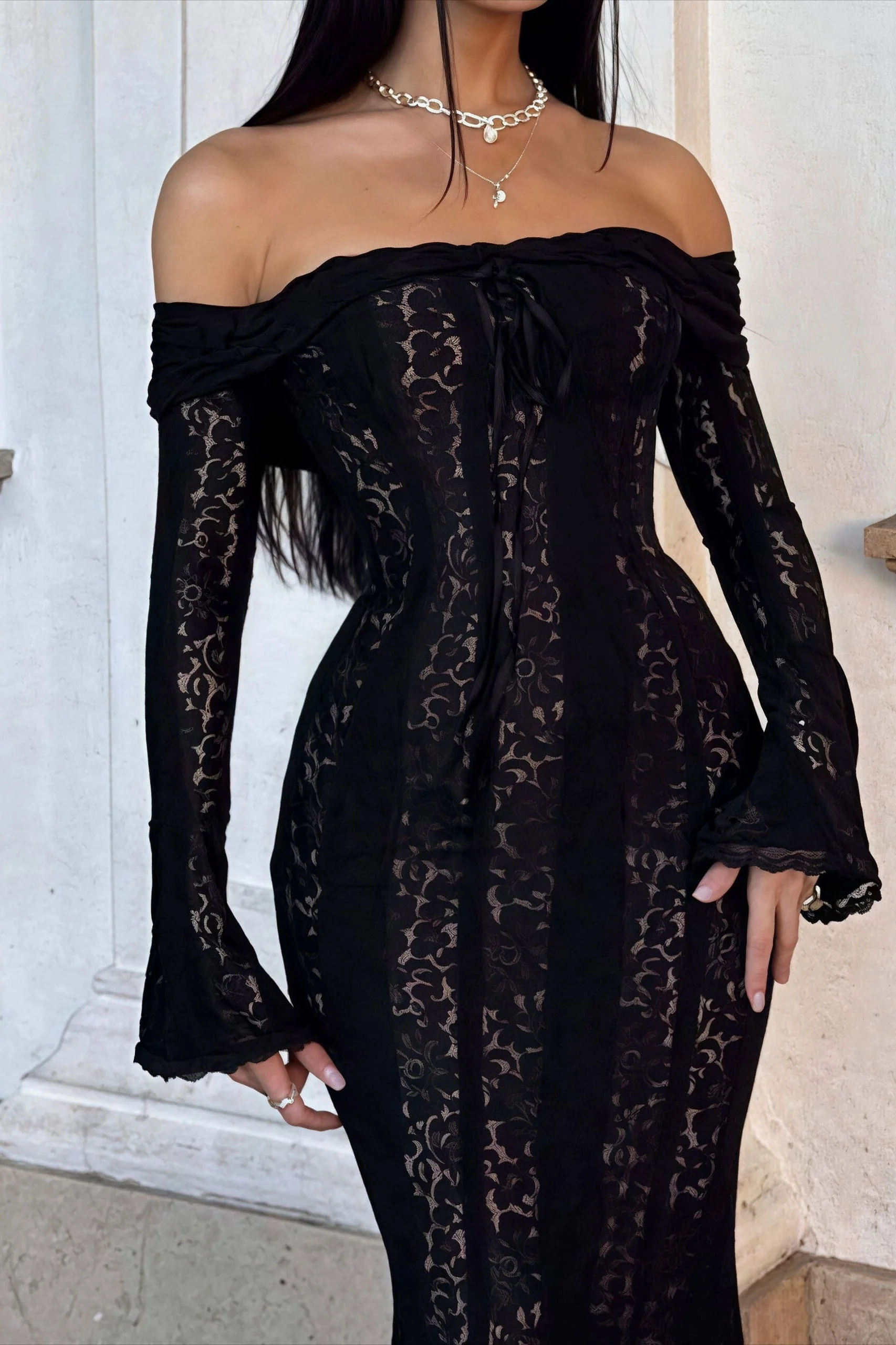 Off Shoulder Lace Flare Sleeve Fitted Train Elegant Maxi Dress - Image 15
