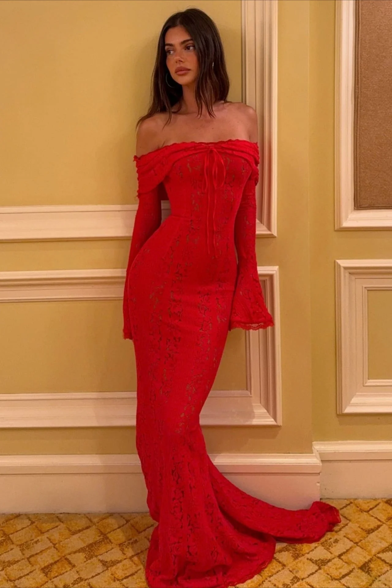 Off Shoulder Lace Flare Sleeve Fitted Train Elegant Maxi Dress - Image 6