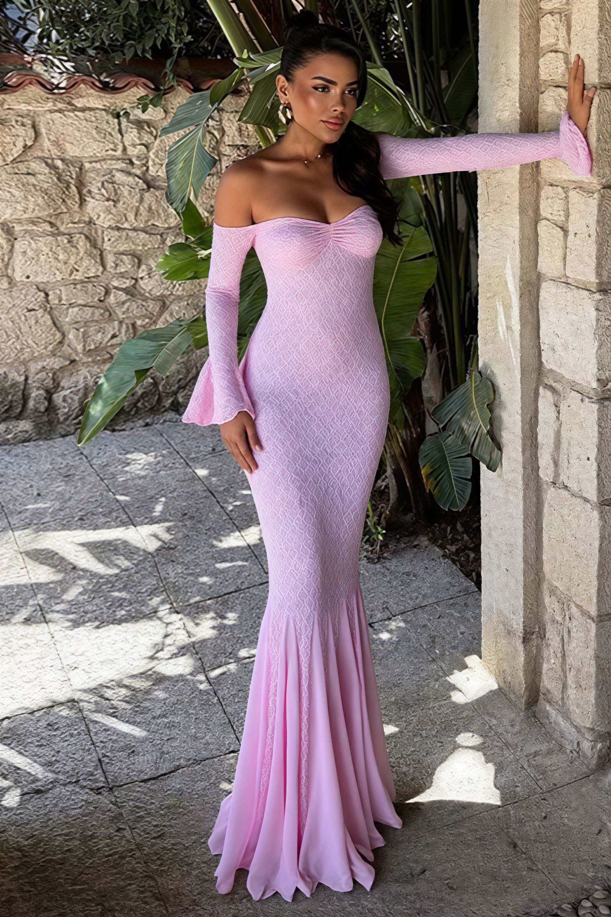 Off Shoulder Lace Patchwork Fitted Mermaid Maxi Dress - Image 2
