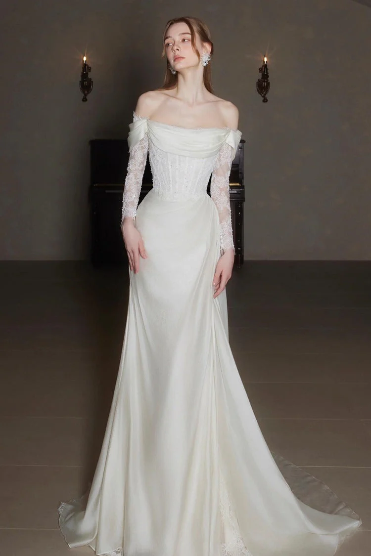 Off Shoulder Lace Satin Train Wedding Dress - Image 2