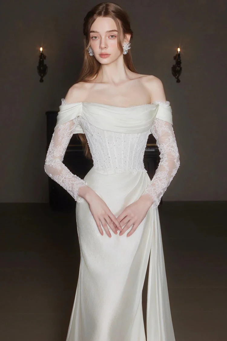 Off Shoulder Lace Satin Train Wedding Dress - Image 3