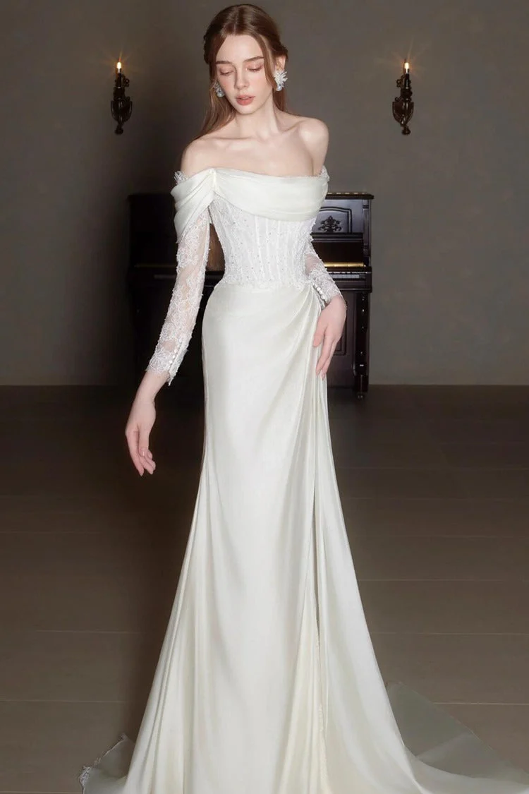 Off Shoulder Lace Satin Train Wedding Dress - Image 4