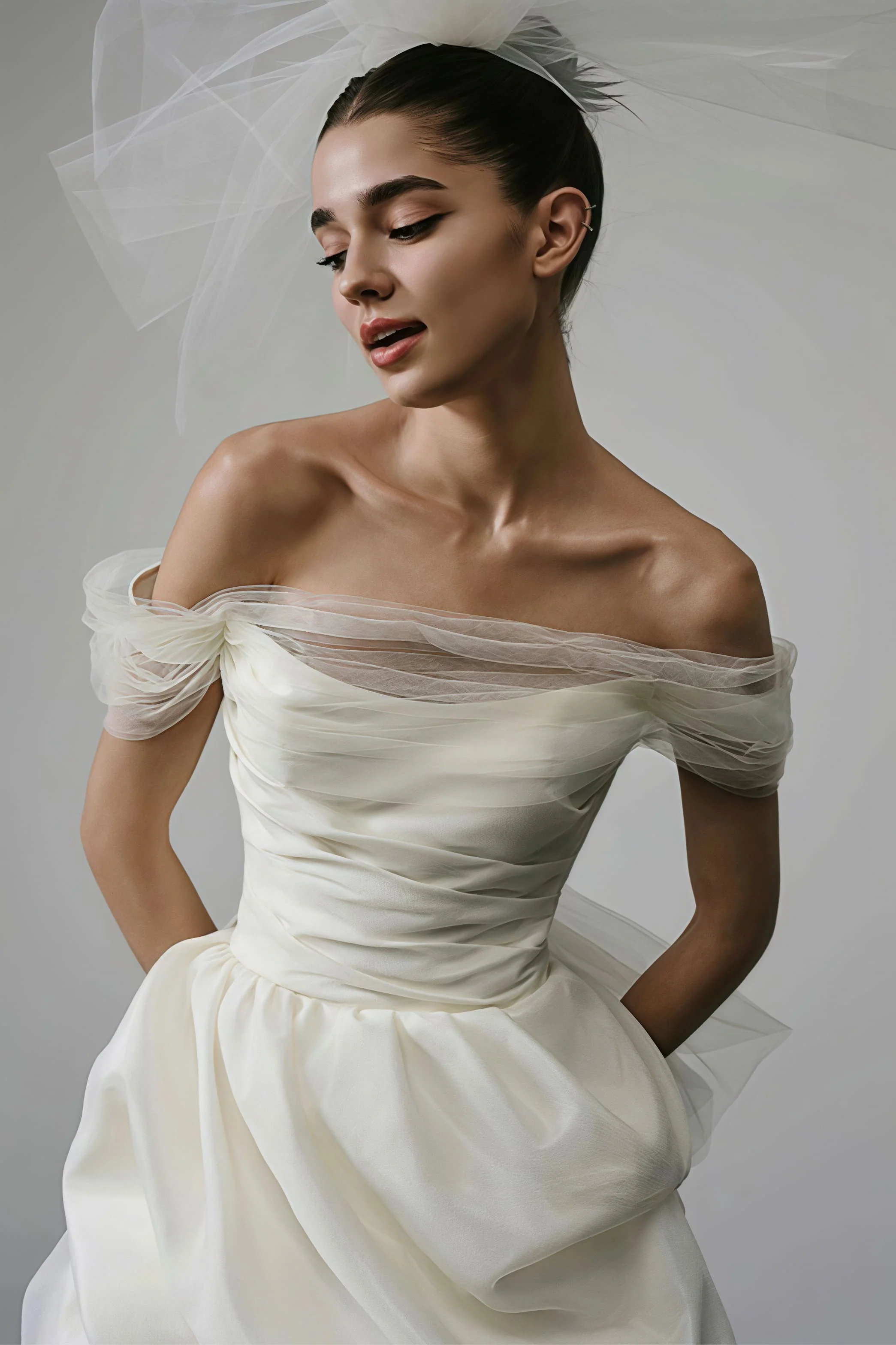 Off Shoulder Minimalist Satin Bud Reception Dress - Image 3