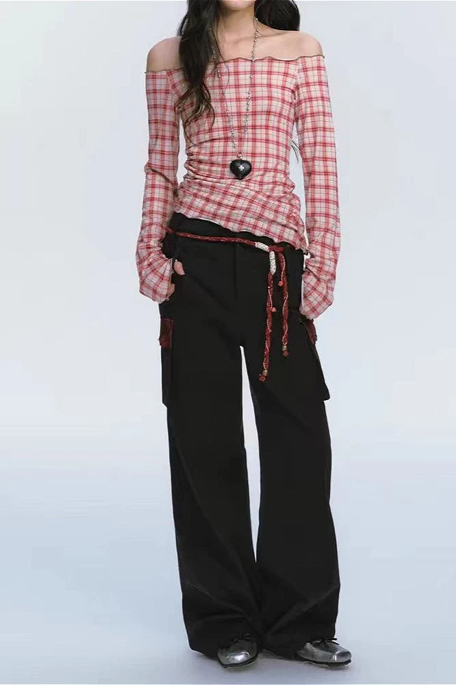 Off Shoulder Red Checkered Long Sleeve Blouse - Image 2