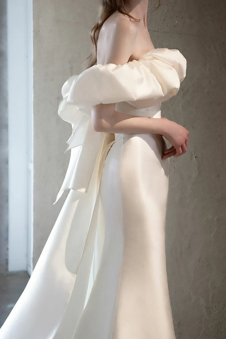 Off Shoulder Satin Mermaid Wedding Dress - Image 3