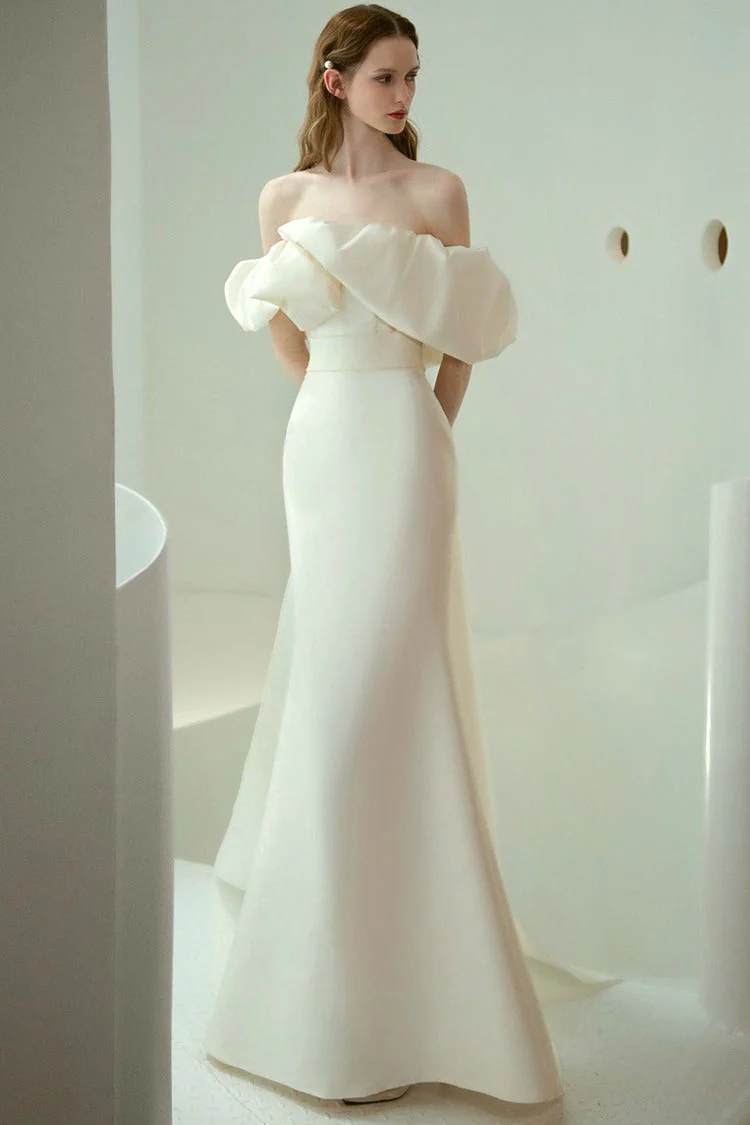 Off Shoulder Satin Mermaid Wedding Dress - Image 4