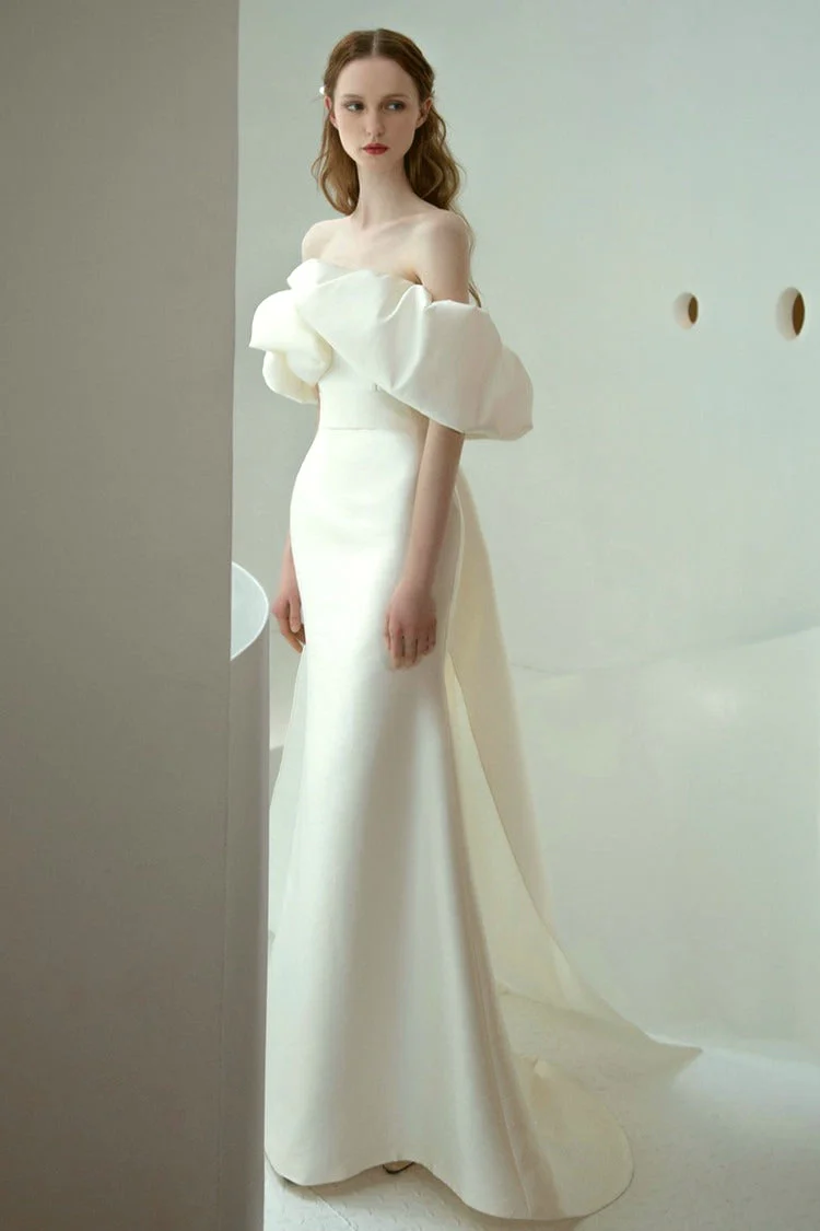 Off Shoulder Satin Mermaid Wedding Dress - Image 5