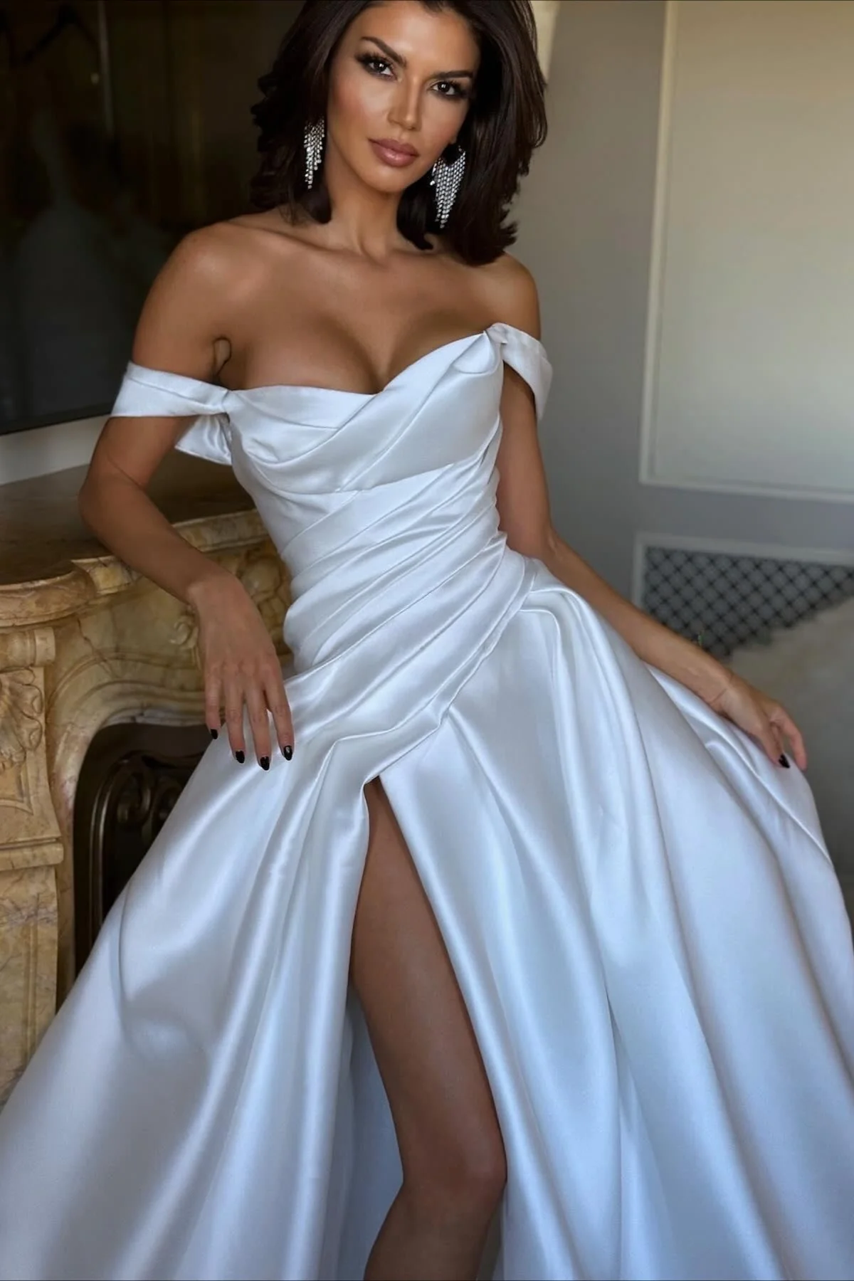 Off Shoulder Satin Ruched High Slit Wedding Dress - Image 2