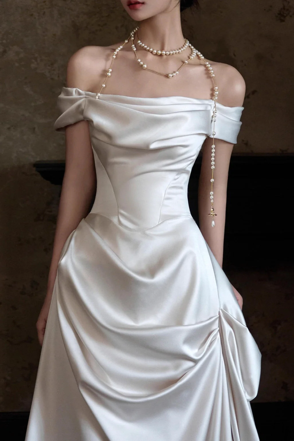 Off Shoulder Satin Train Reception Dress - Image 2