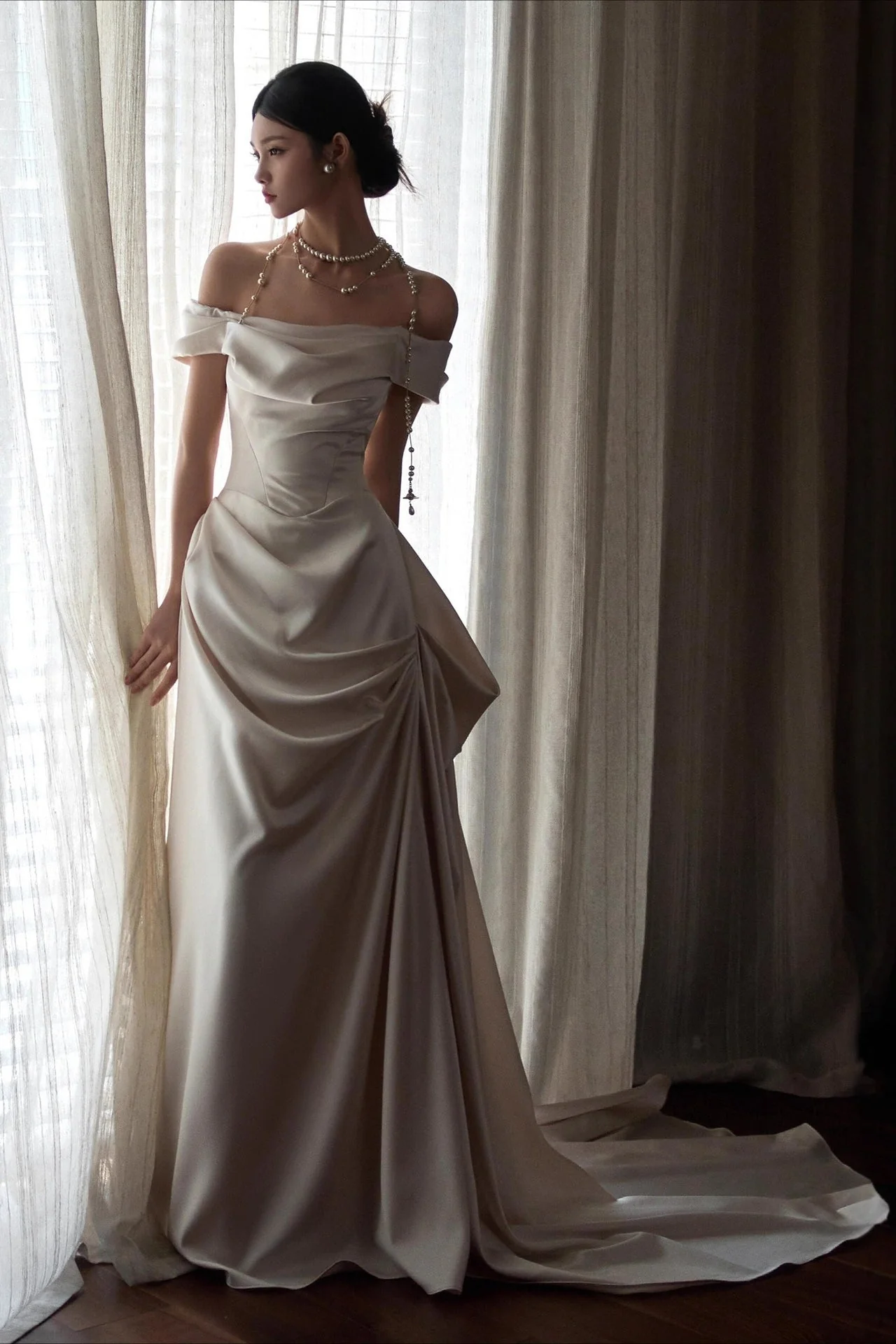 Off Shoulder Satin Train Reception Dress - Image 3