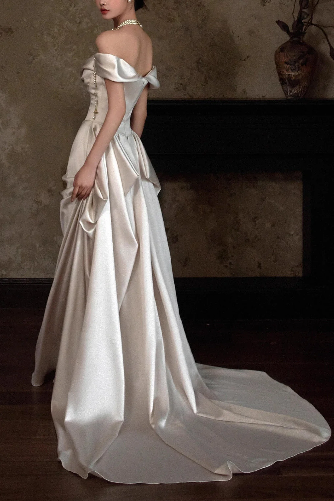 Off Shoulder Satin Train Reception Dress - Image 4