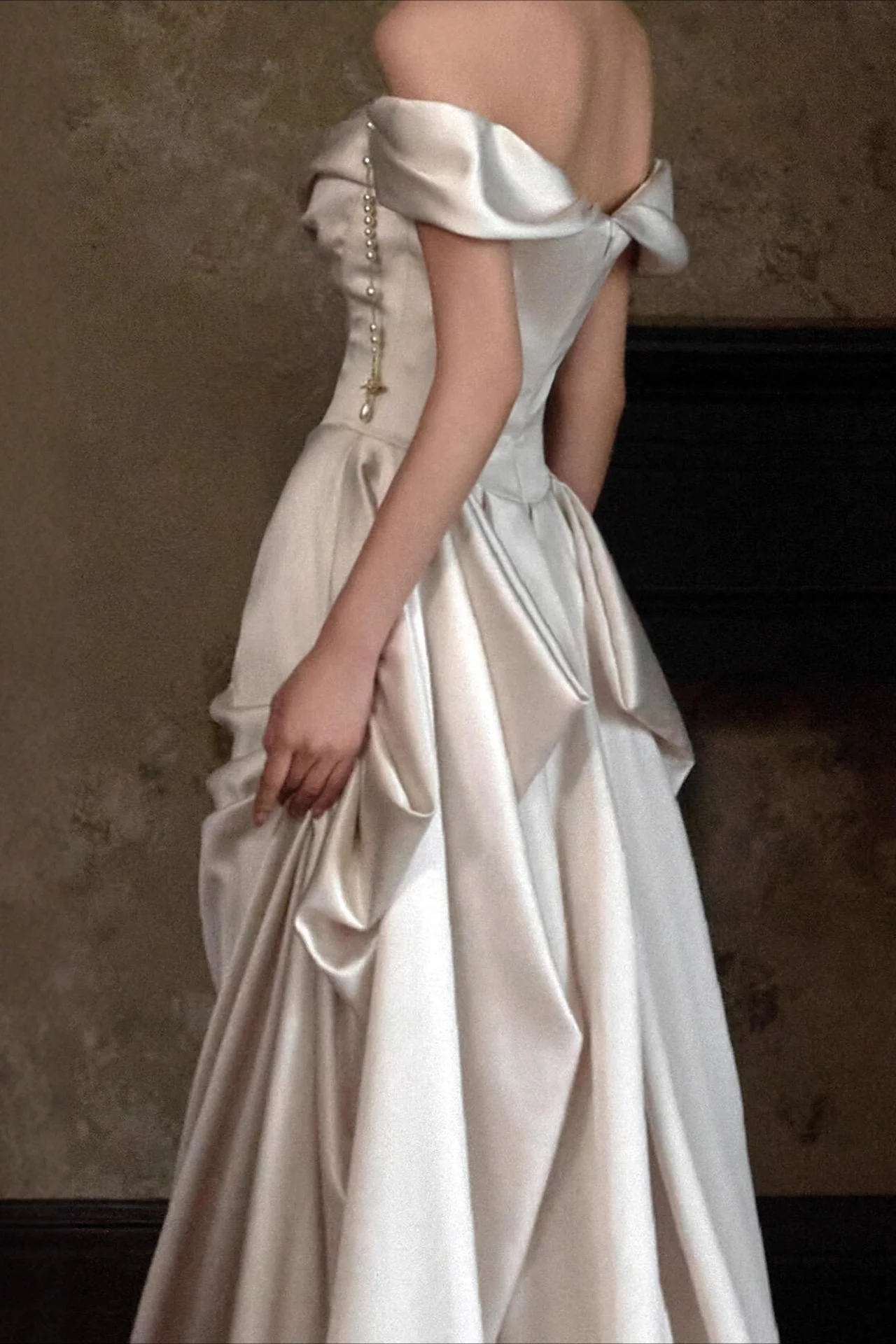 Off Shoulder Satin Train Reception Dress - Image 5