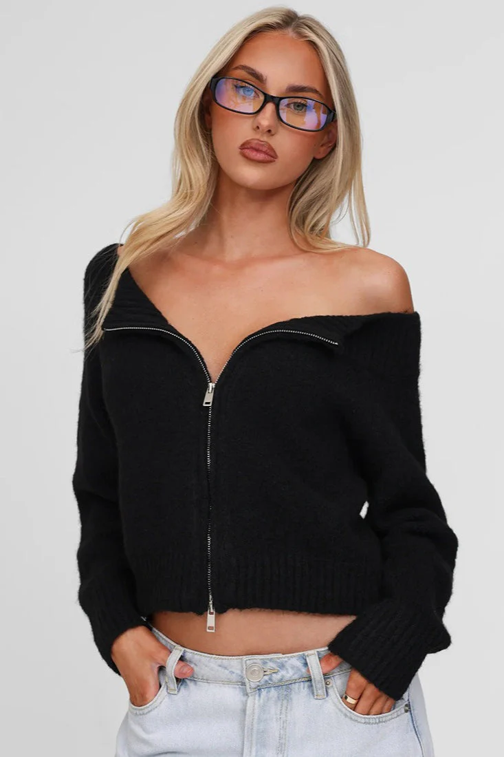 Off-Shoulder Sexy Retro Double-Zip Slim Knit Cardigan - Image 3