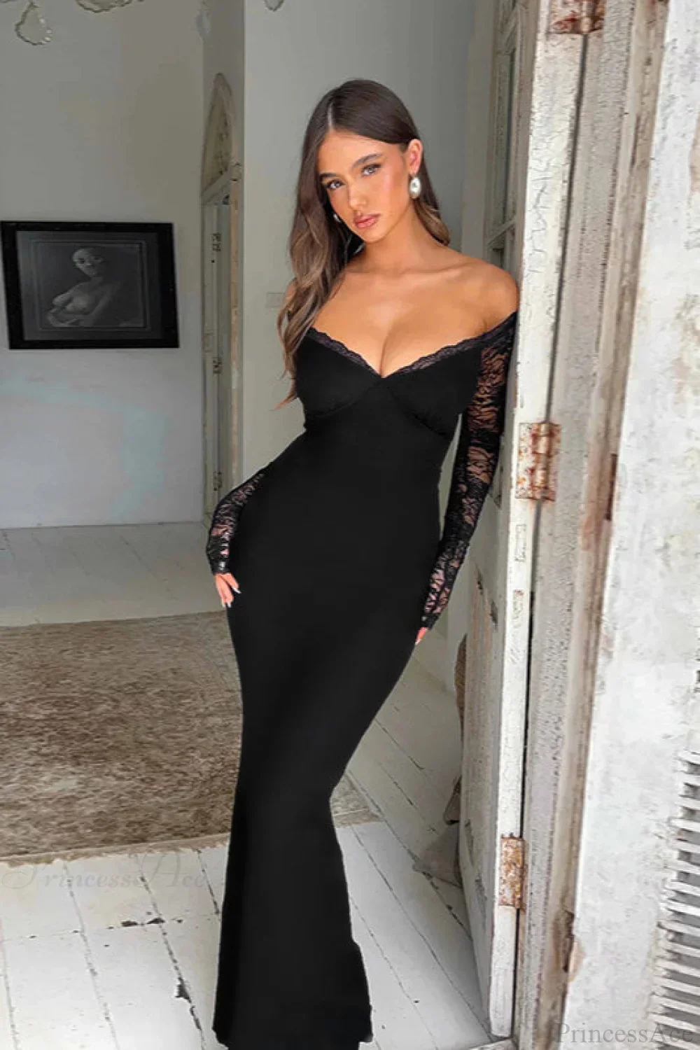 Off Shoulder Spliced Lace Trim Maxi Dress