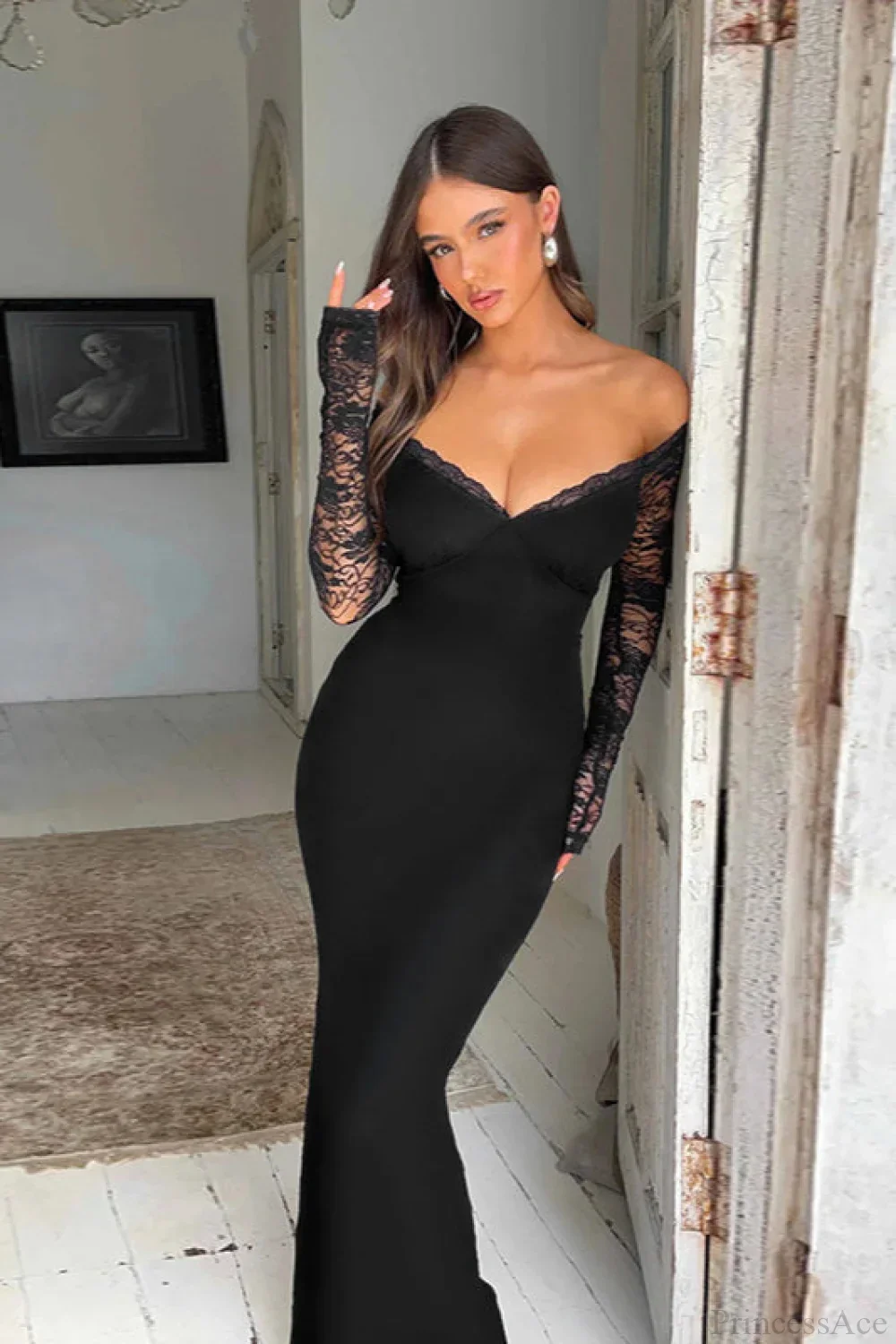 Off Shoulder Spliced Lace Trim Maxi Dress - Image 2