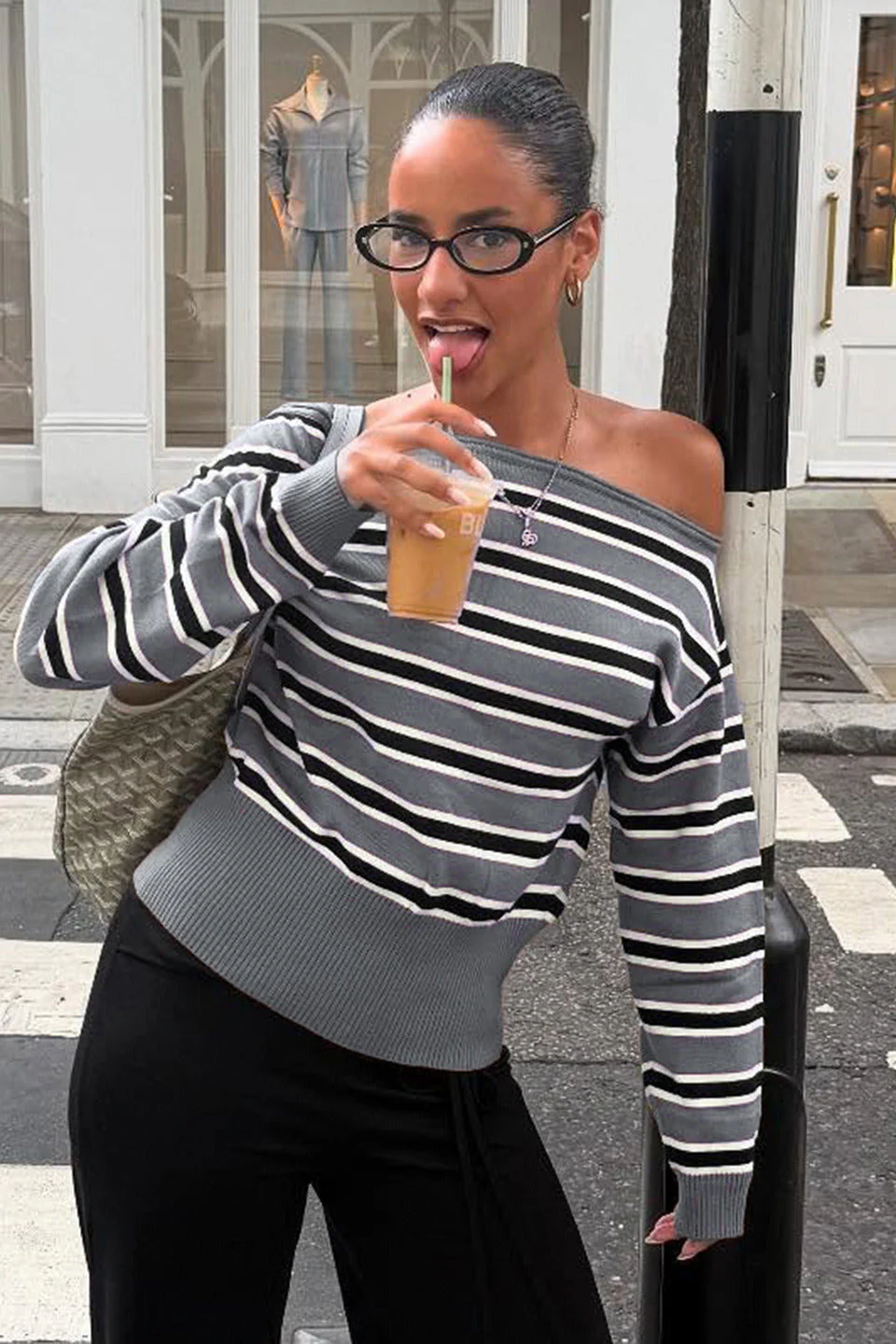 Off Shoulder Striped Color Block Long Sleeve Sweater Blouse - Image 3