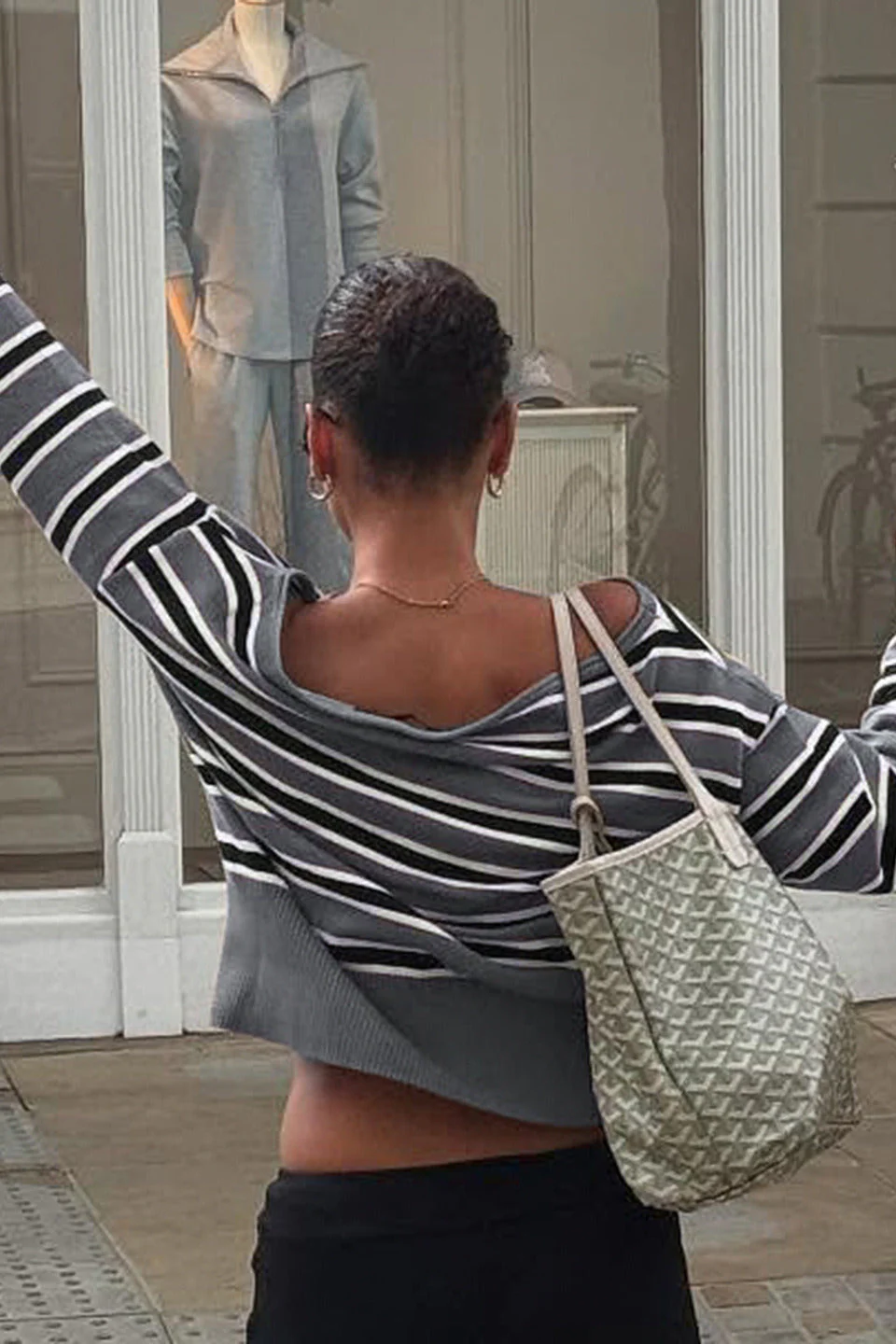 Off Shoulder Striped Color Block Long Sleeve Sweater Blouse - Image 4
